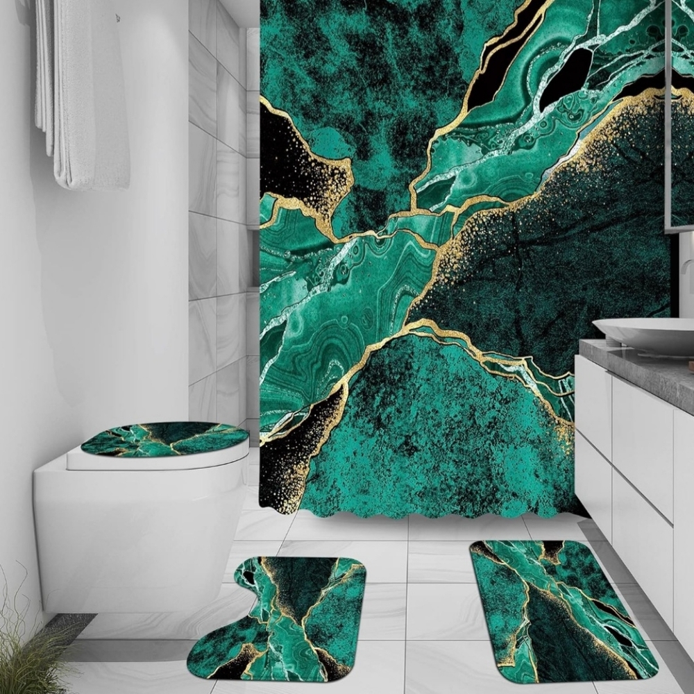 Marble green and gold shower curtain and hooks